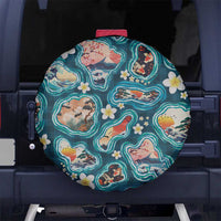 Hawaiian and Japanese Culture Together Spare Tire Cover Hawaiian Island Shapes with Japanese Landscape Teal Color