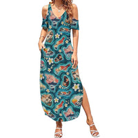 Hawaiian and Japanese Culture Together Summer Maxi Dress Hawaiian Island Shapes with Japanese Landscape Teal Color