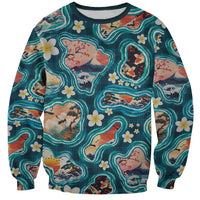 Hawaiian and Japanese Culture Together Sweatshirt Hawaiian Island Shapes with Japanese Landscape Teal Color