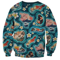 Hawaiian and Japanese Culture Together Sweatshirt Hawaiian Island Shapes with Japanese Landscape Teal Color
