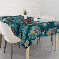 Hawaiian and Japanese Culture Together Tablecloth Hawaiian Island Shapes with Japanese Landscape Teal Color