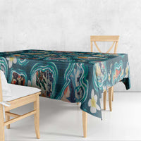 Hawaiian and Japanese Culture Together Tablecloth Hawaiian Island Shapes with Japanese Landscape Teal Color