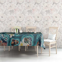 Hawaiian and Japanese Culture Together Tablecloth Hawaiian Island Shapes with Japanese Landscape Teal Color