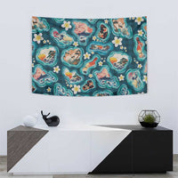 Hawaiian and Japanese Culture Together Tapestry Hawaiian Island Shapes with Japanese Landscape Teal Color