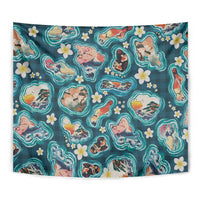 Hawaiian and Japanese Culture Together Tapestry Hawaiian Island Shapes with Japanese Landscape Teal Color