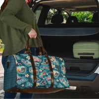 Hawaiian and Japanese Culture Together Travel Bag Hawaiian Island Shapes with Japanese Landscape Teal Color
