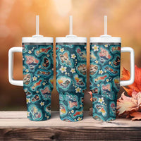 Hawaiian and Japanese Culture Together Tumbler With Handle Hawaiian Island Shapes with Japanese Landscape Teal Color