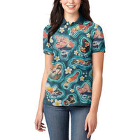 Hawaiian and Japanese Culture Together Women Polo Shirt Hawaiian Island Shapes with Japanese Landscape Teal Color