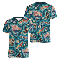 Hawaiian and Japanese Culture Together Women V-Neck T-Shirt Hawaiian Island Shapes with Japanese Landscape Teal Color LT03 - Polynesian Pride