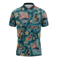Hawaiian and Japanese Culture Together Zipper Polo Shirt Hawaiian Island Shapes with Japanese Landscape Teal Color LT03 Teal - Polynesian Pride