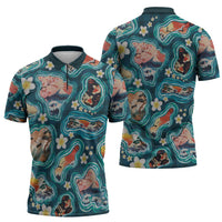 Hawaiian and Japanese Culture Together Zipper Polo Shirt Hawaiian Island Shapes with Japanese Landscape Teal Color LT03 - Polynesian Pride