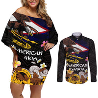 American Samoa Fue and Kava Bowl Couples Matching Off Shoulder Short Dress and Long Sleeve Button Shirt Plumeria and Polynesian Pattern LT03 Black - Polynesian Pride