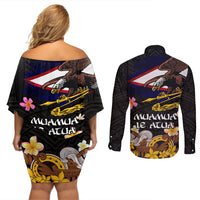 American Samoa Fue and Kava Bowl Couples Matching Off Shoulder Short Dress and Long Sleeve Button Shirt Plumeria and Polynesian Pattern LT03 - Polynesian Pride
