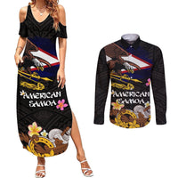 American Samoa Fue and Kava Bowl Couples Matching Summer Maxi Dress and Long Sleeve Button Shirt Plumeria and Polynesian Pattern LT03 Black - Polynesian Pride