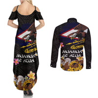 American Samoa Fue and Kava Bowl Couples Matching Summer Maxi Dress and Long Sleeve Button Shirt Plumeria and Polynesian Pattern LT03 - Polynesian Pride