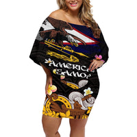 American Samoa Fue and Kava Bowl Off Shoulder Short Dress Plumeria and Polynesian Pattern LT03 Women Black - Polynesian Pride