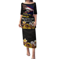 American Samoa Fue and Kava Bowl Puletasi Plumeria and Polynesian Pattern LT03 Long Dress Black - Polynesian Pride