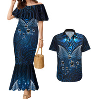 New Zealand Matariki Couples Matching Mermaid Dress and Hawaiian Shirt Maori Pattern and Kiwi Bird Haka Dance Sky Night LT03 Blue - Polynesian Pride