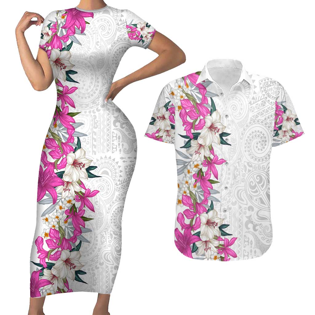 Hawaii Tropical Leaves and Flowers Couples Matching Short Sleeve Bodycon Dress and Hawaiian Shirt Tribal Polynesian Pattern White Style LT03 White - Polynesian Pride