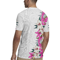 Hawaii Tropical Leaves and Flowers Rugby Jersey Tribal Polynesian Pattern White Style
