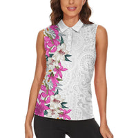 Hawaii Tropical Leaves and Flowers Women Sleeveless Polo Shirt Tribal Polynesian Pattern White Style
