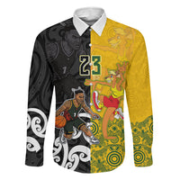 Aotearoa New Zealand And Australia Basketball Custom Family Matching Off The Shoulder Long Sleeve Dress and Hawaiian Shirt Maori Tribal Tattoo And Aboriginal Dot Art Heritage LT03 Dad's Shirt - Long Sleeve Multicolor - Polynesian Pride