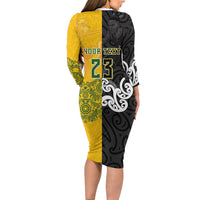 Aotearoa New Zealand And Australia Basketball Custom Long Sleeve Bodycon Dress Maori Tribal Tattoo And Aboriginal Dot Art Heritage LT03 - Polynesian Pride