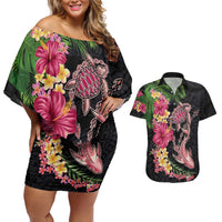 Hawaiian Tropical Plants Turtle and Shark Couples Matching Off Shoulder Short Dress and Hawaiian Shirt Polynesian Art Tattoo