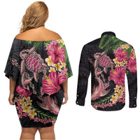 Hawaiian Tropical Plants Turtle and Shark Couples Matching Off Shoulder Short Dress and Long Sleeve Button Shirt Polynesian Art Tattoo