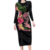 Hawaiian Tropical Plants Turtle and Shark Family Matching Long Sleeve Bodycon Dress and Hawaiian Shirt Polynesian Art Tattoo