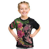 Hawaiian Tropical Plants Turtle and Shark Kid T Shirt Polynesian Art Tattoo LT03 Black - Polynesian Pride