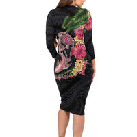 Hawaiian Tropical Plants Turtle and Shark Long Sleeve Bodycon Dress Polynesian Art Tattoo