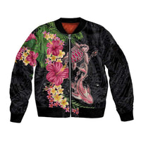 Hawaiian Tropical Plants Turtle and Shark Sleeve Zip Bomber Jacket Polynesian Art Tattoo