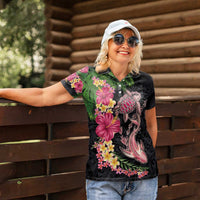 Hawaiian Tropical Plants Turtle and Shark Women Polo Shirt Polynesian Art Tattoo