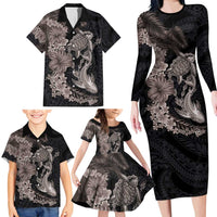 Hawaiian Tropical Plants Turtle and Shark Family Matching Long Sleeve Bodycon Dress and Hawaiian Shirt Polynesian Art Tattoo Grayscale Color