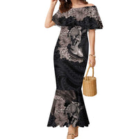 Hawaiian Tropical Plants Turtle and Shark Family Matching Mermaid Dress and Hawaiian Shirt Polynesian Art Tattoo Grayscale Color