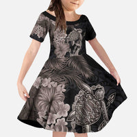 Hawaiian Tropical Plants Turtle and Shark Family Matching Off The Shoulder Long Sleeve Dress and Hawaiian Shirt Polynesian Art Tattoo Grayscale Color
