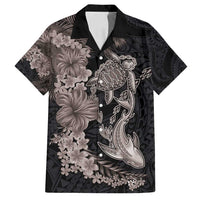 Hawaiian Tropical Plants Turtle and Shark Family Matching Off Shoulder Short Dress and Hawaiian Shirt Polynesian Art Tattoo Grayscale Color