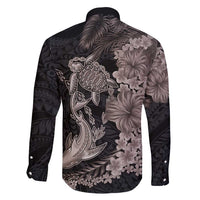 Hawaiian Tropical Plants Turtle and Shark Family Matching Off Shoulder Short Dress and Hawaiian Shirt Polynesian Art Tattoo Grayscale Color