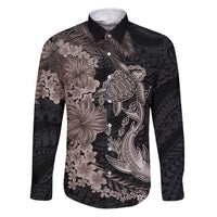 Hawaiian Tropical Plants Turtle and Shark Family Matching Puletasi and Hawaiian Shirt Polynesian Art Tattoo Grayscale Color