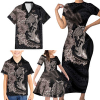 Hawaiian Tropical Plants Turtle and Shark Family Matching Short Sleeve Bodycon Dress and Hawaiian Shirt Polynesian Art Tattoo Grayscale Color