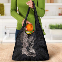 Hawaiian Tropical Plants Turtle and Shark Grocery Bag Polynesian Art Tattoo Grayscale Color