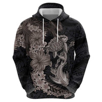 Hawaiian Tropical Plants Turtle and Shark Hoodie Polynesian Art Tattoo Grayscale Color