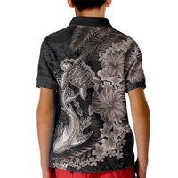 Hawaiian Tropical Plants Turtle and Shark Kid Polo Shirt Polynesian Art Tattoo Grayscale Color