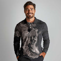 Hawaiian Tropical Plants Turtle and Shark Long Sleeve Polo Shirt Polynesian Art Tattoo Grayscale Color