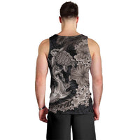 Hawaiian Tropical Plants Turtle and Shark Men Tank Top Polynesian Art Tattoo Grayscale Color