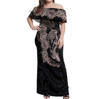 Hawaiian Tropical Plants Turtle and Shark Off Shoulder Maxi Dress Polynesian Art Tattoo Grayscale Color LT03 Women Black - Polynesian Pride
