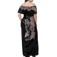 Hawaiian Tropical Plants Turtle and Shark Off Shoulder Maxi Dress Polynesian Art Tattoo Grayscale Color LT03 - Polynesian Pride