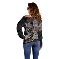 Hawaiian Tropical Plants Turtle and Shark Off Shoulder Sweater Polynesian Art Tattoo Grayscale Color