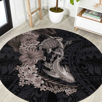 Hawaiian Tropical Plants Turtle and Shark Round Carpet Polynesian Art Tattoo Grayscale Color